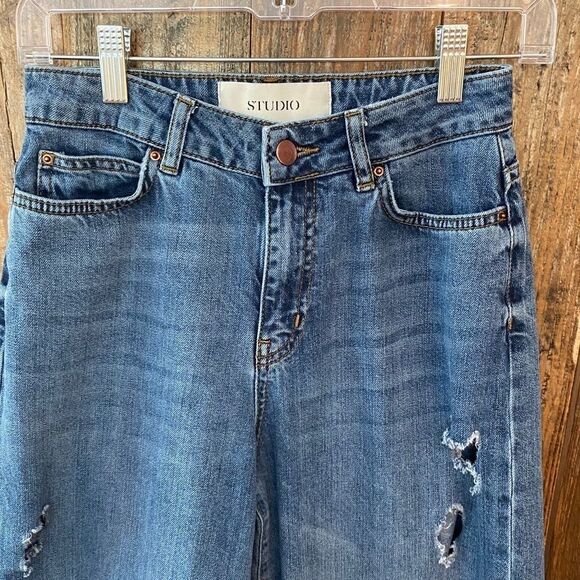 Studio Only 34 Blue Denim HighWaisted Raw Hem Wide Leg Distressed Jeans - Picture 7 of 13
